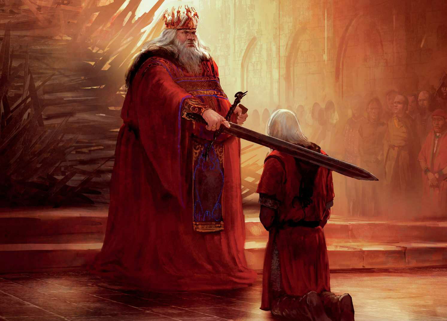 Aegon IV Targaryen reconhece Daemon como seu filho bastardo. (Arte: Marc Simonetti para O Mundo de Gelo e Fogo).