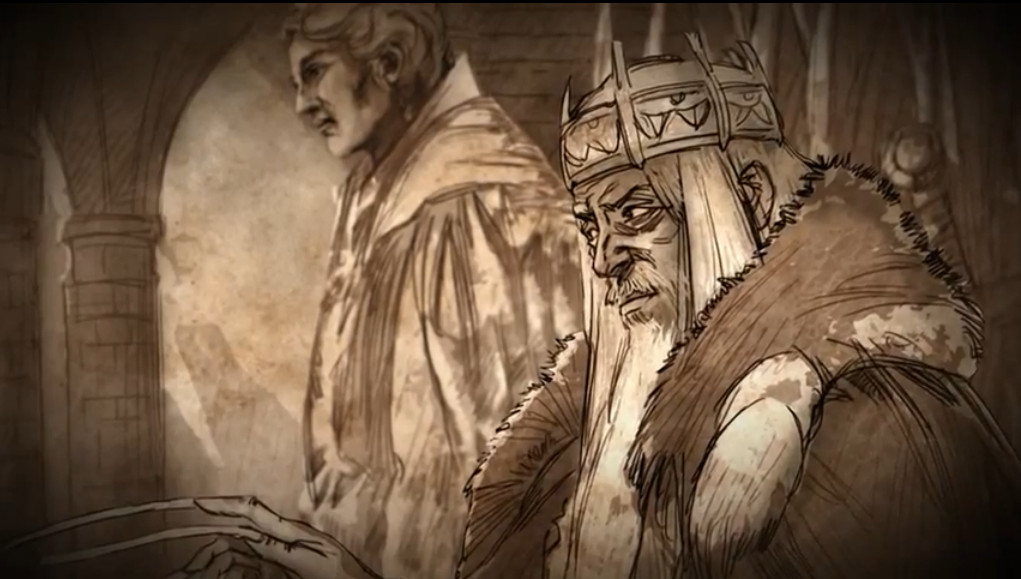 Aerys já paranoico e com unhas gigantes, e Tywin ao fundo.